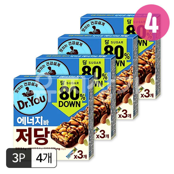 오리온 닥터유 에너지바 저당 50g 3개입(50gx3p)x4개/저당간식 단백질간식 회사간식 단백질바